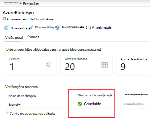 Captura de ecrã de uma página de detalhes de origem com uma análise a mostrar uma status concluída.