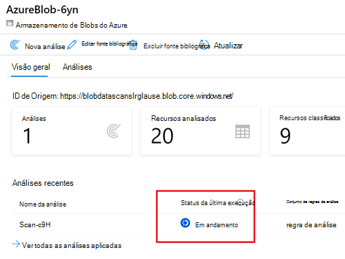 Captura de ecrã de uma página de detalhes de origem com uma análise a mostrar uma status em curso.