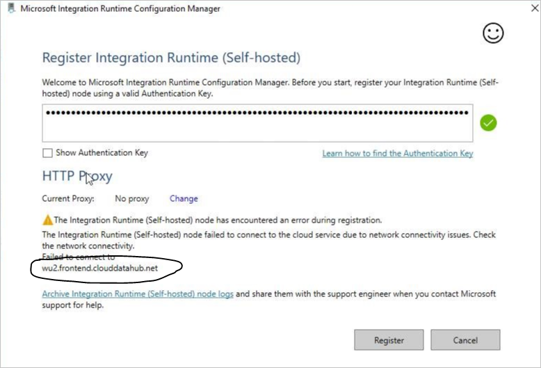 Captura de tela da cotação&; O nó Integration Runtime (auto-hospedado) encontrou um erro durante a citação de registro&; mensagem.