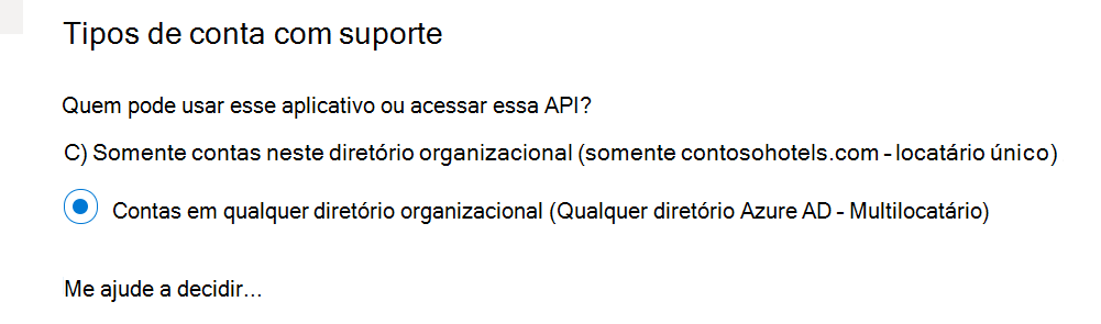 Captura de ecrã do tipo de conta que suporta multi-inquilino.