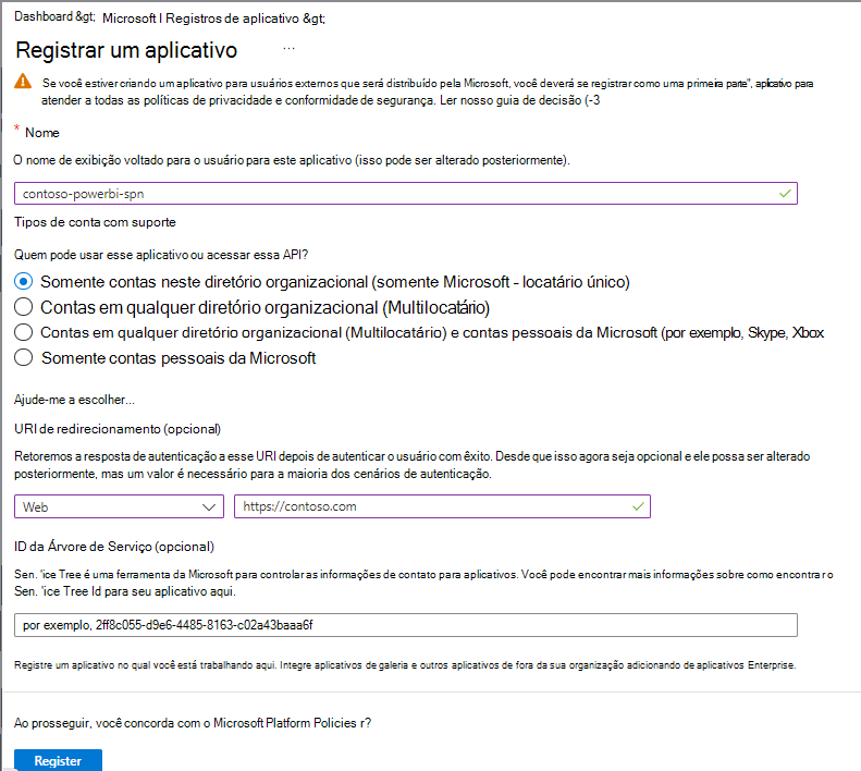 Captura de ecrã a mostrar como criar a Aplicação no Microsoft Entra ID.