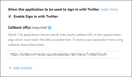 Permitir que a aplicação do conector inicie sessão no Twitter e adicione o URI de redirecionamento de OAuth.