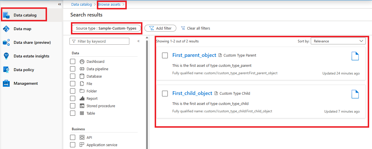 Captura de ecrã a mostrar o caminho do Catálogo de Dados para Procurar recursos com o filtro reduzido a Sample-Custom-Types.