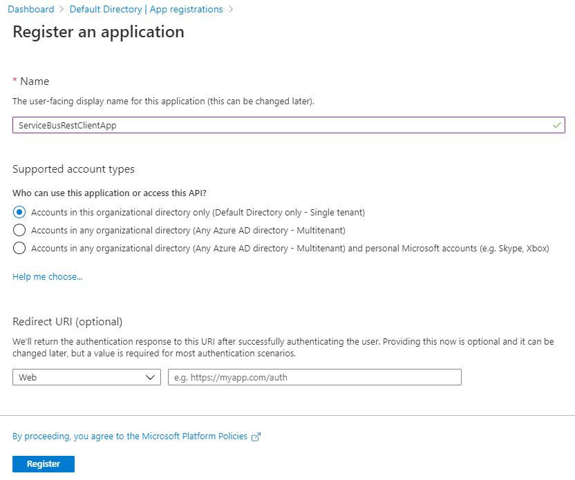 Insira um nome e selecione Registrar