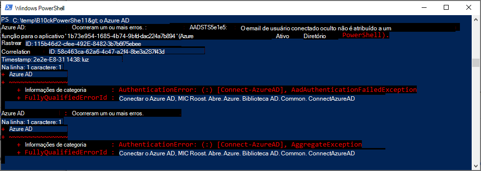 Erro do Powershell para autenticação Azure AD v2.