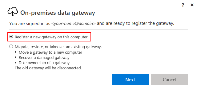 Captura de ecrã que mostra o pedido para registar o gateway de dados.