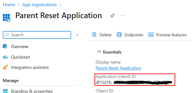 Captura de ecrã a mostrar a localização do ID da Aplicação (cliente).