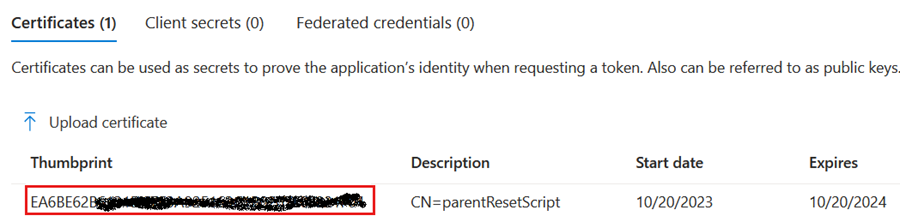 Uma captura de ecrã de um thumbprint de certificado.