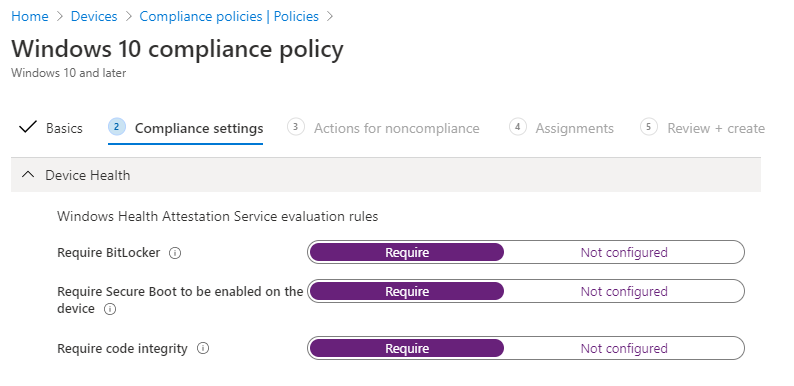 Captura de tela de Integridade do Dispositivo nas configurações de política de conformidade do Windows 10.