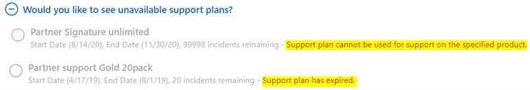 Seção Você gostaria de ver os planos de suporte indisponíveis, com notificações de erro sendo realçadas.