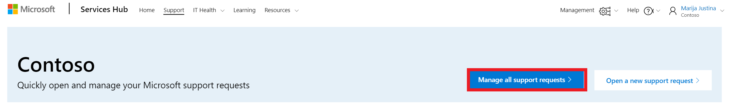 Página do Microsoft Services Hub, que mostra o botão Gerenciar todas as solicitações de suporte realçado.