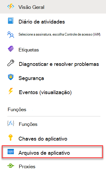 Captura de tela do aplicativo de funções com a entrada de arquivos do aplicativo destacada no menu