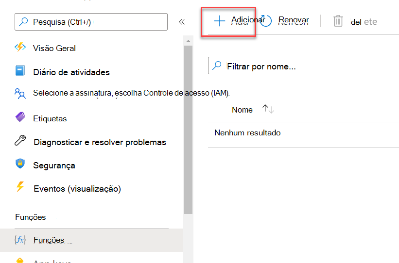 Captura de tela do portal do Microsoft Azure com a nova opção de função realçada