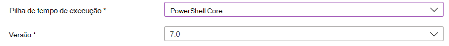 Captura de tela do portal do Azure com a pilha em Tempo de Execução e os campos de Versão destacados