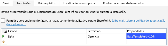 A guia Permissões do Designer de Manifesto do suplemento do Visual Studio, mostrando que o suplemento pretende gerenciar permissões para listas que têm o tipo de base 106.