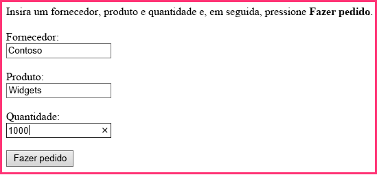 Formulário de pedido com caixas de texto para fornecedor, produto e quantidade; com um botão rotulado Fazer Pedido.