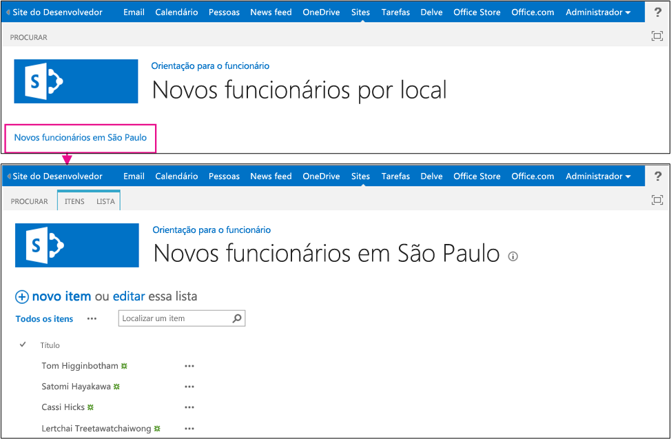 A página padrão do suplemento é mostrada com o título Novos Funcionários por Local. Há um link rotulado Novos Funcionários em Seattle. Uma seta desse link aponta para a página de modo de exibição de lista da lista. Ela é intitulada Novos Funcionários em Seattle, apresentando a lista abaixo.