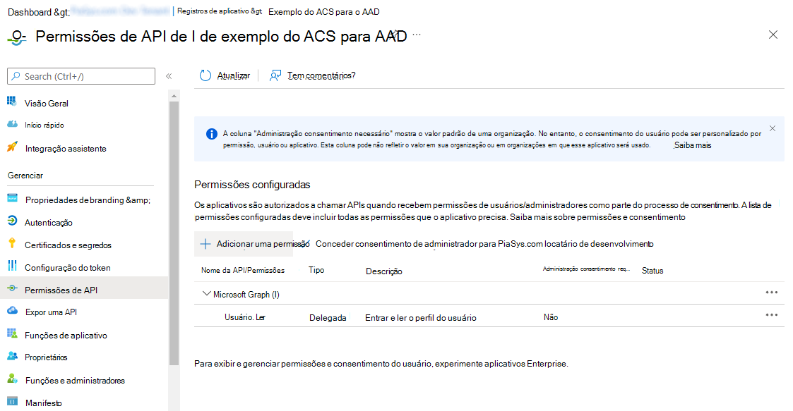 A interface para adicionar permissões a um aplicativo Azure AD. Você pode clicar no botão 