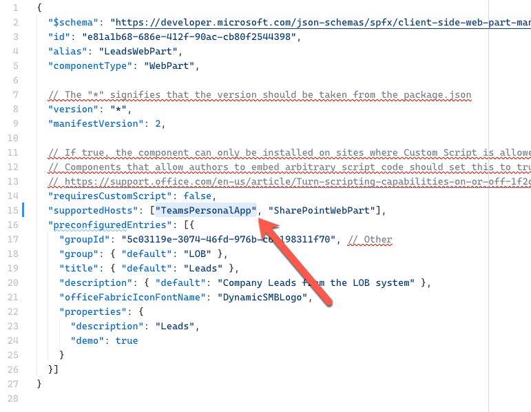 Host teamsPersonalApp adicionado à propriedade SupportedHosts em um manifesto da Web Part