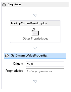 O designer de fluxo de trabalho com duas atividades: Pesquisar Item de Lista e Obter Valores Dinâmicos.