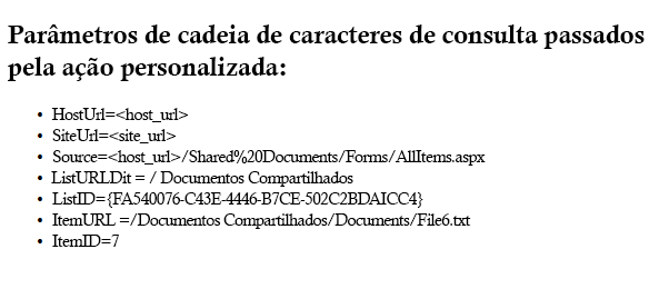 Página da Web com parâmetros de uma ação personalizada