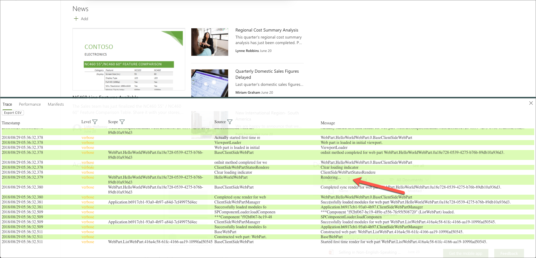 Mensagem detalhada registrada de uma web part da Estrutura do SharePoint exibida no painel do desenvolvedor