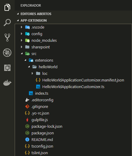 Solução da Estrutura do SharePoint aberta após scaffolding inicial