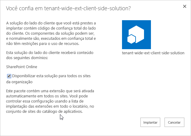 Pacote da Estrutura do SharePoint confiável implantado em um catálogo de aplicativos locatários