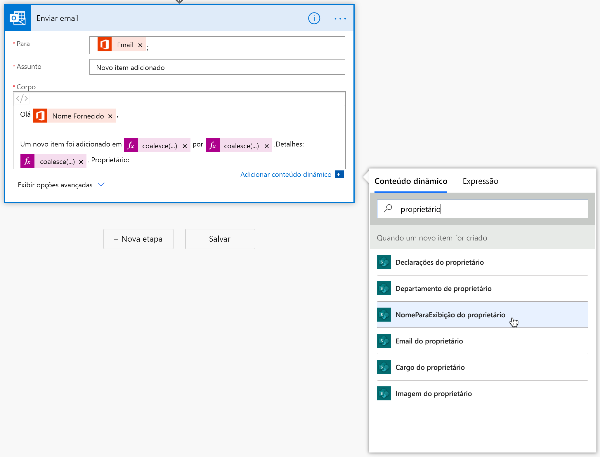 Designer de fluxo – adicionar conteúdo dinâmico do proprietário - visão geral