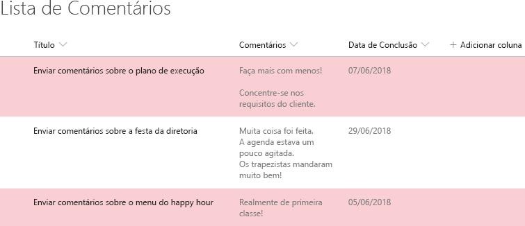 Lista do Microsoft Office SharePoint Online com modo de exibição formatado com formatação condicional