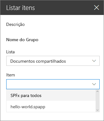 Menu suspenso de item de lista aberto no painel de propriedades da Web Part