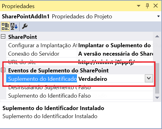 Eventos de aplicativo na janela de propriedades