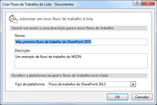 Caixa de Diálogo de Criação de Fluxo de Trabalho