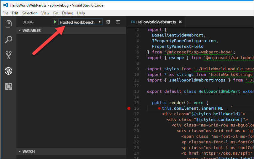 A configuração do workbench hospedado selecionada no menu suspendo das configurações de depuração no Visual Studio Code