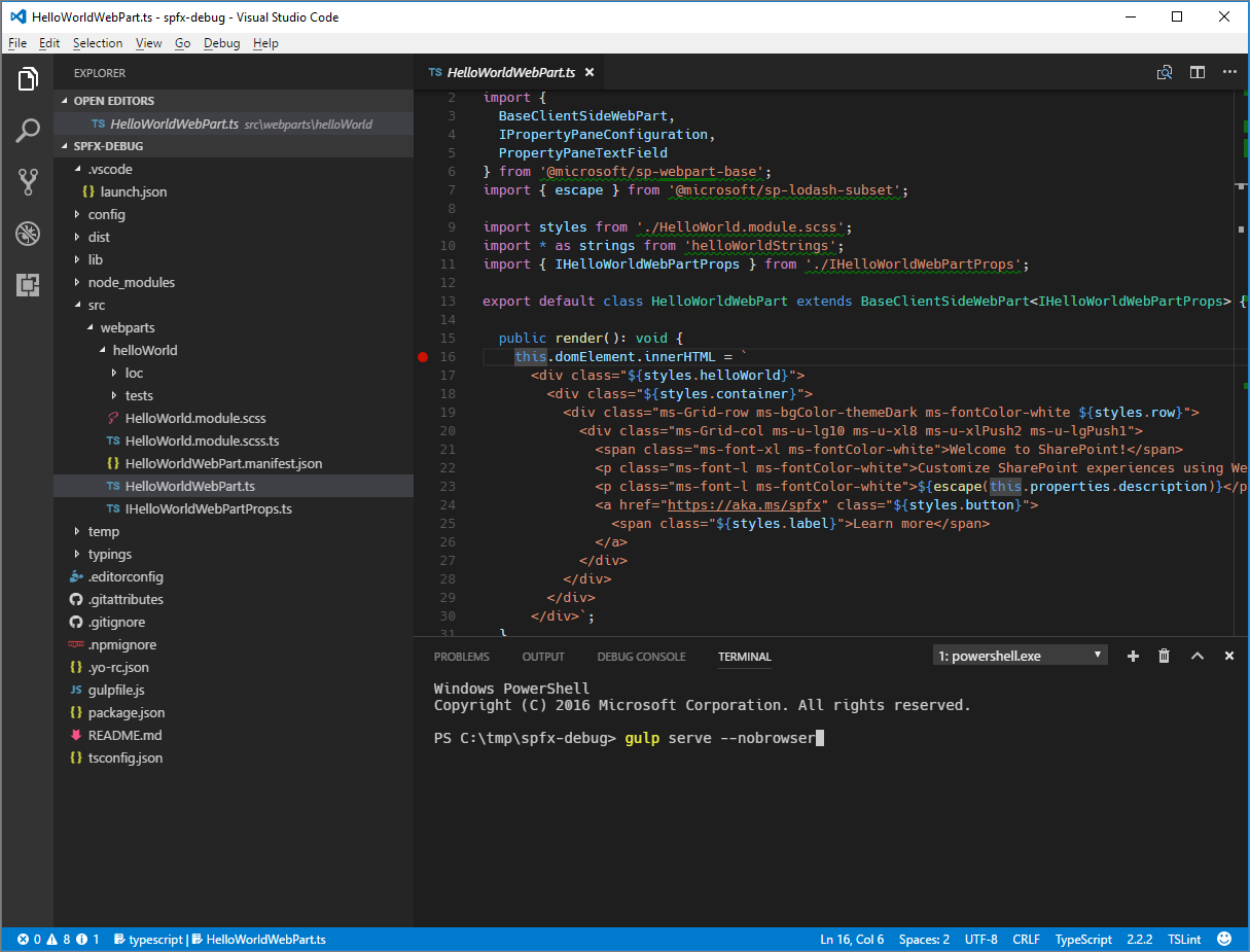 O comando gulp serve digitado no terminal integrado no Visual Studio Code