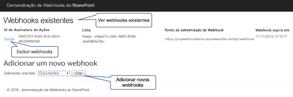 Aplicativo de implementação de referência de webhook do SharePoint