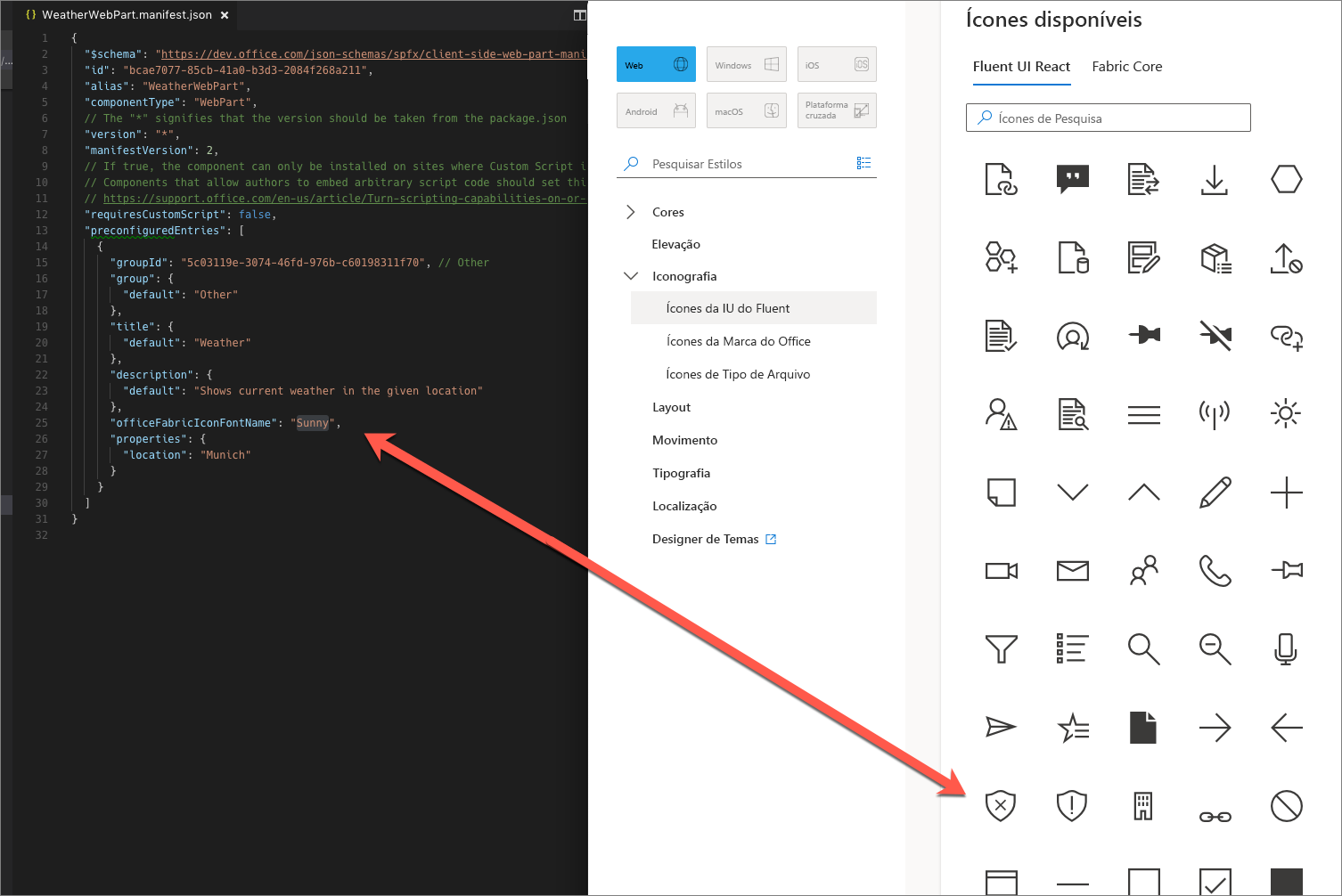 Seta apontando do nome do ícone na página Visão geral de ícones da IU do Fluent para o código de manifesto da Web Part