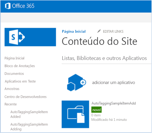 Captura de tela mostrando a página de Conteúdo de Site com a nova biblioteca de documentos AutoTaggingSampleItemAdd.