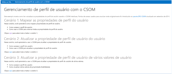 Captura de tela da página inicial do aplicativo UserProfile.Manipulation.CSOM