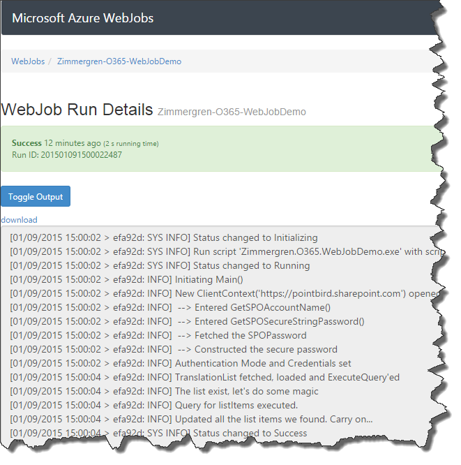 Os Detalhes do WebJob mostrando as linhas no arquivo de log.