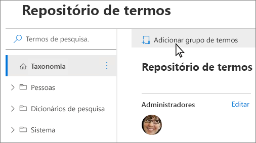 Captura de tela do painel de navegação na Ferramenta de Gerenciamento de Armazenamento de Termos, mostrando o item de menu Novo Grupo