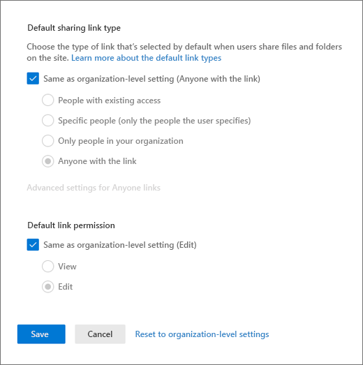 Alterando as configurações de link de compartilhamento padrão