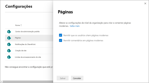 Definições de páginas no novo centro de administração do SharePoint