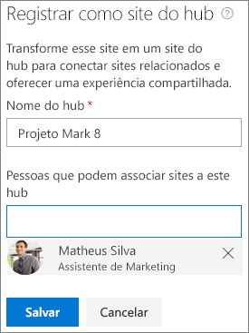 Captura de tela da caixa de diálogo de registro de site do hub no centro de administração do SharePoint