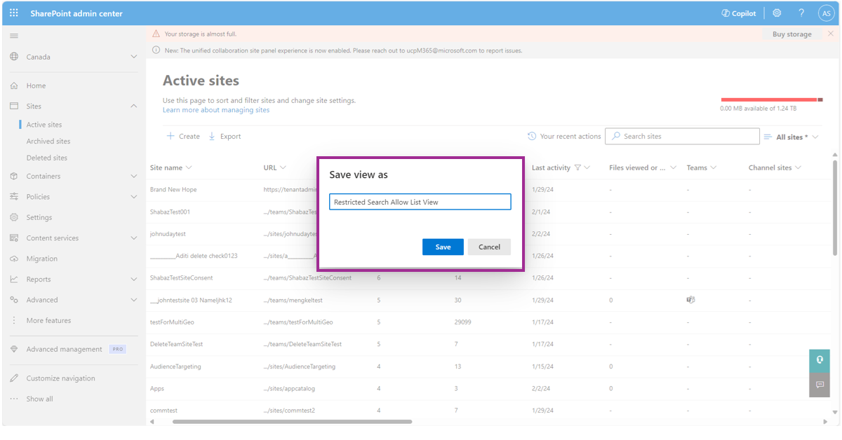 Captura de ecrã a mostrar a nomenclatura da vista de sites ativos personalizados