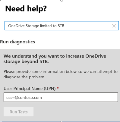 A captura de tela da janela Precisa de ajuda diz que entendemos que você deseja aumentar o armazenamento do OneDrive além de 5 TB.