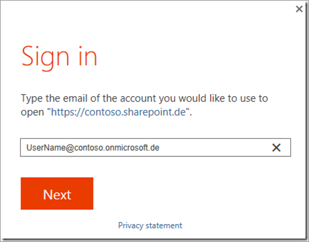 Captura de tela da caixa de diálogo de entrada: digite o email da conta que você gostaria de usar para abrir https://contoso.sharepoint.de.