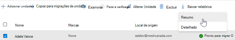 Menu pendente para transferir relatórios detalhados ou de resumo