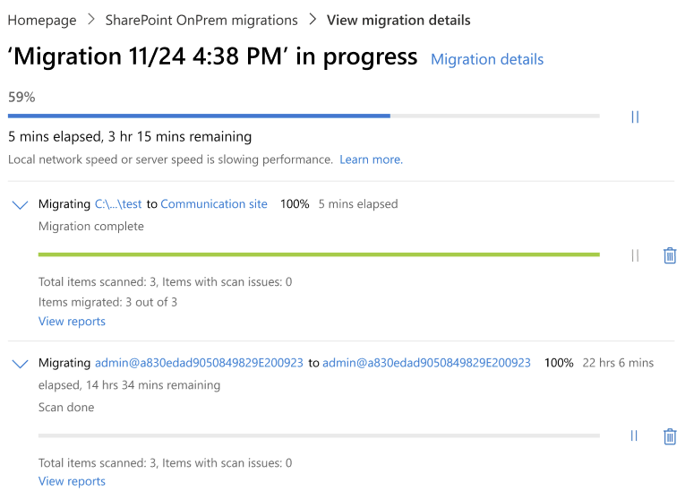 progresso da migração no trabalho e na tarefa