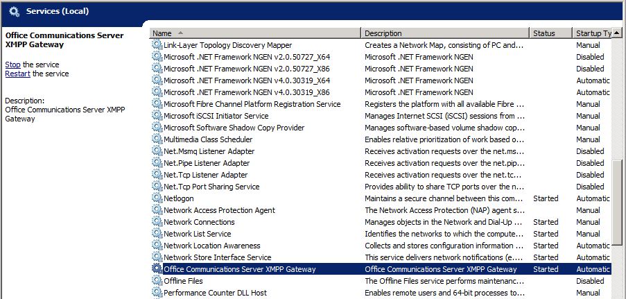 Serviço de Gateway XMPP do Servidor de Comunicações do Office.